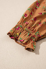 Brown Floral Tiered V-Neck Ruffled Sleeve Plus Size Maxi Dress