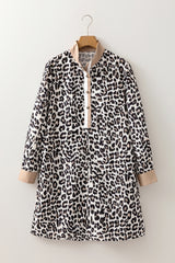 Multicolour Button Striped Collar Leopard Print Long Sleeve Flared Mini Dress