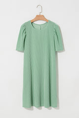 Corded Knit Crew Neck Puff Sleeve Shift Mini Dress