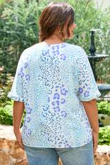 Light Blue Leopard Print V-Neck Plus Size Blouse
