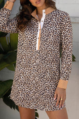 Multicolour Button Striped Collar Leopard Print Long Sleeve Flared Mini Dress
