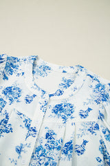 Blue Floral Tiered Puff Sleeve Pleated Bust Buttoned Blouse