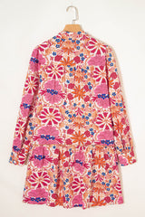 Red Fall Floral Print Collared Long Sleeve Mini Dress