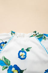 White Floral Puff Sleeve V Neck Plus Size Mini Dress