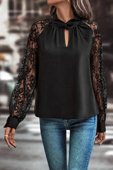 Black Keyhole Neck Floral Lace Raglan Blouse