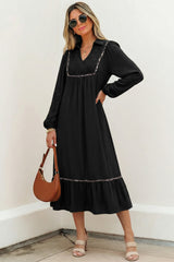 Collared V Neck Smocked Detail Contrast Leopard Trim Midi Dress