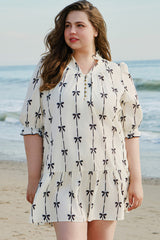 Apricot Bow Print Puff Sleeve Ruffle Mini Plus Size Dress