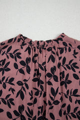 Brown Leaf Print Lace-up V Neck Crinkled Blouse