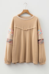 Floral Patchwork Exposed Seam Long Sleeve Plus Size Top
