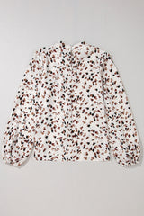 Leopard Lantern Sleeve Mock Neck Pleated Blouse