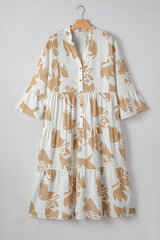 Khaki Patterned Tiered Maxi Plus Size Dress