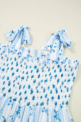 Sky Blue Floral Smocked A-Line Tiered Tied Straps Maxi Dress