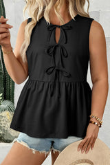 Solid Colour Bow-Tie Peplum Sleeveless Plus Size Top