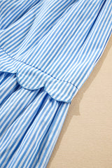 Sky Blue Stripe Bubble Short Sleeve Tiered Scallop Maxi Dress