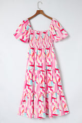 Pink Brush Stroke Printed Smocked Ruffle Tiered Midi Dress
