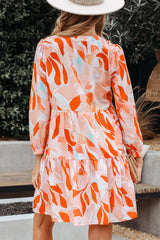 Orange Abstract Print Split Neck Long Sleeve Mini Dress