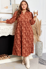 Cinnamon Textured Floral Ruffle-Hem Midi Plus Size Dress