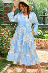 Sky Blue Floral V-Neck Tiered Plus Size Maxi Dress
