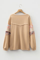 Floral Patchwork Exposed Seam Long Sleeve Plus Size Top