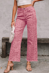 Leopard Frayed Hem Wide-Leg Jeans