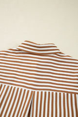 Brown Stripe Ruffled Hem Collared Long Sleeve Mini Dress