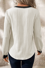 White Textured Colorblock V Neck Blouse