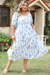 Sky Blue Floral Sweetheart Neck Midi Plus Size Dress