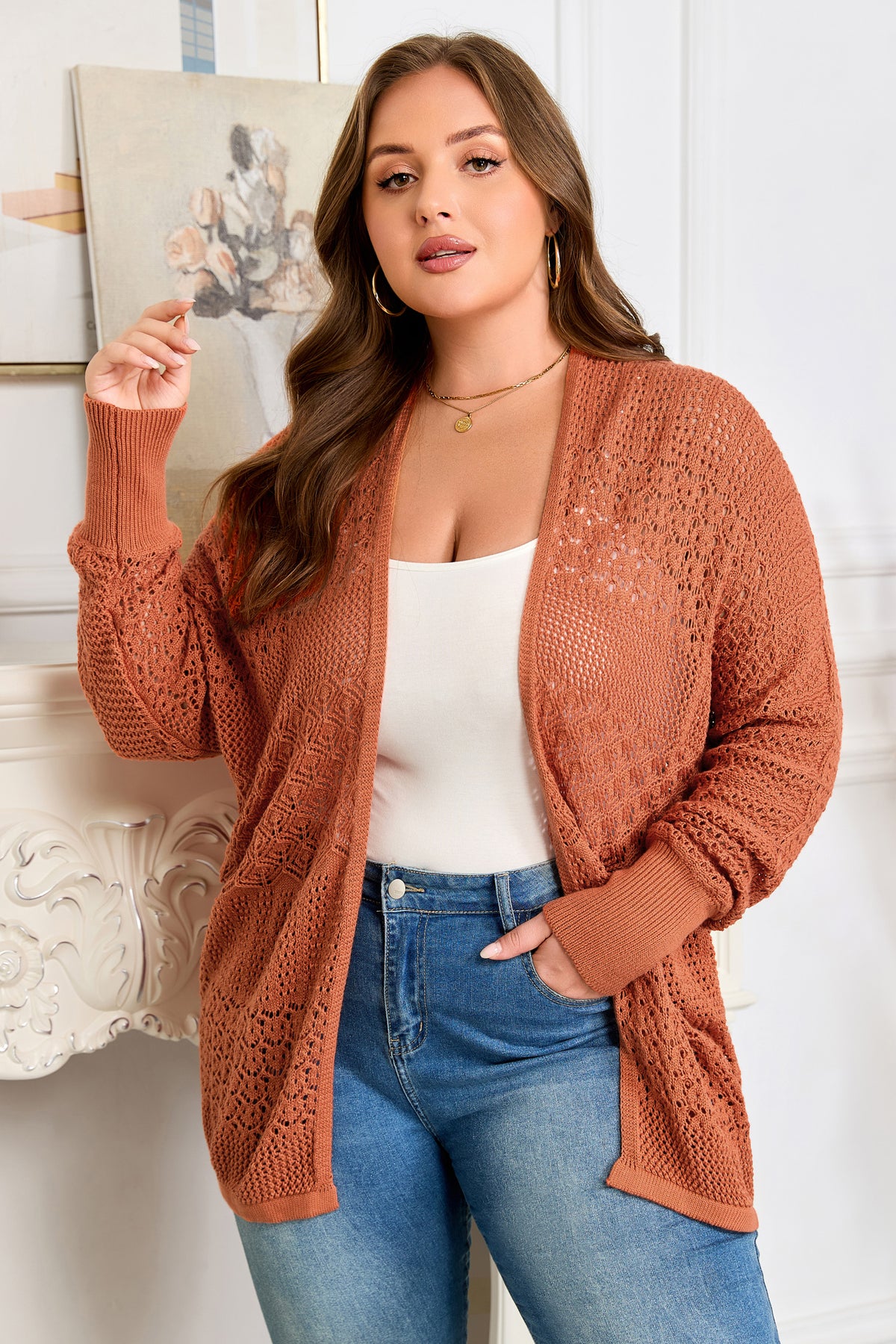 Redwood Burl Mixed Pattern Knitted Plus Size Cardigan