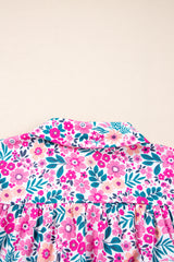 Pink Floral Half Button Puff Sleeve High Waist Plus Size Mini Dress