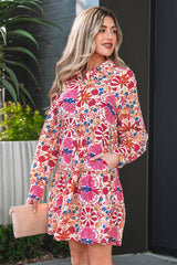 Red Fall Floral Print Collared Long Sleeve Mini Dress