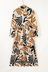 White Abstract Print Contrast Collar Maxi Plus Size Dress