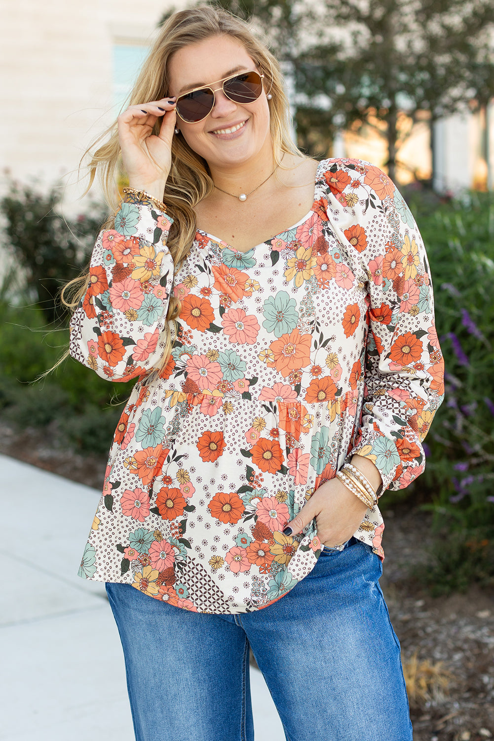 Khaki Floral Square Neck Peplum Plus Size Blouse