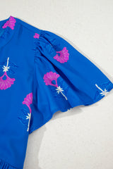 Blue Floral Print Notched Neck Butterfly Sleeve Shift Maxi Dress
