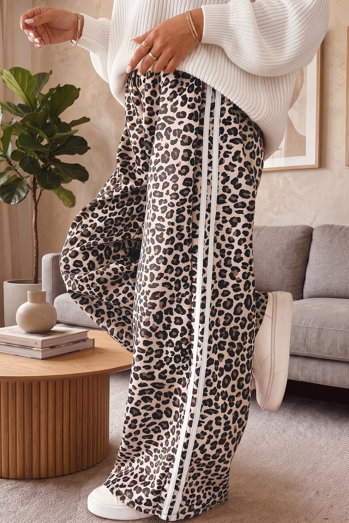 Beige Leopard Side Stripes Plus Size Pants