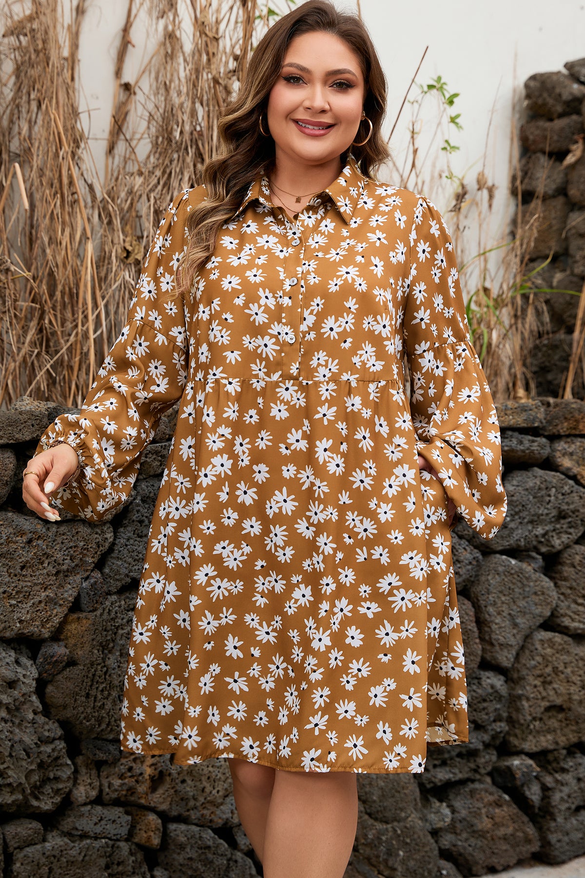 Khaki Daisy Print Puff Sleeve Mini Plus Size Dress