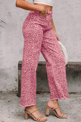 Leopard Frayed Hem Wide-Leg Jeans