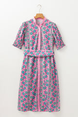 Pink Floral Puff Sleeve Shirred Waist-Tie Button-Front Midi Dress