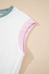 White Colourblock Corded Knit Crew Neck Tee