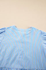 Sky Blue Stripe Bubble Short Sleeve Tiered Scallop Maxi Dress
