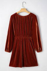 Clay Elastic V Neck Puff Sleeve Short Velvet Mini Dress