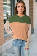 Color Block Long Sleeve Ribbed Loose Top