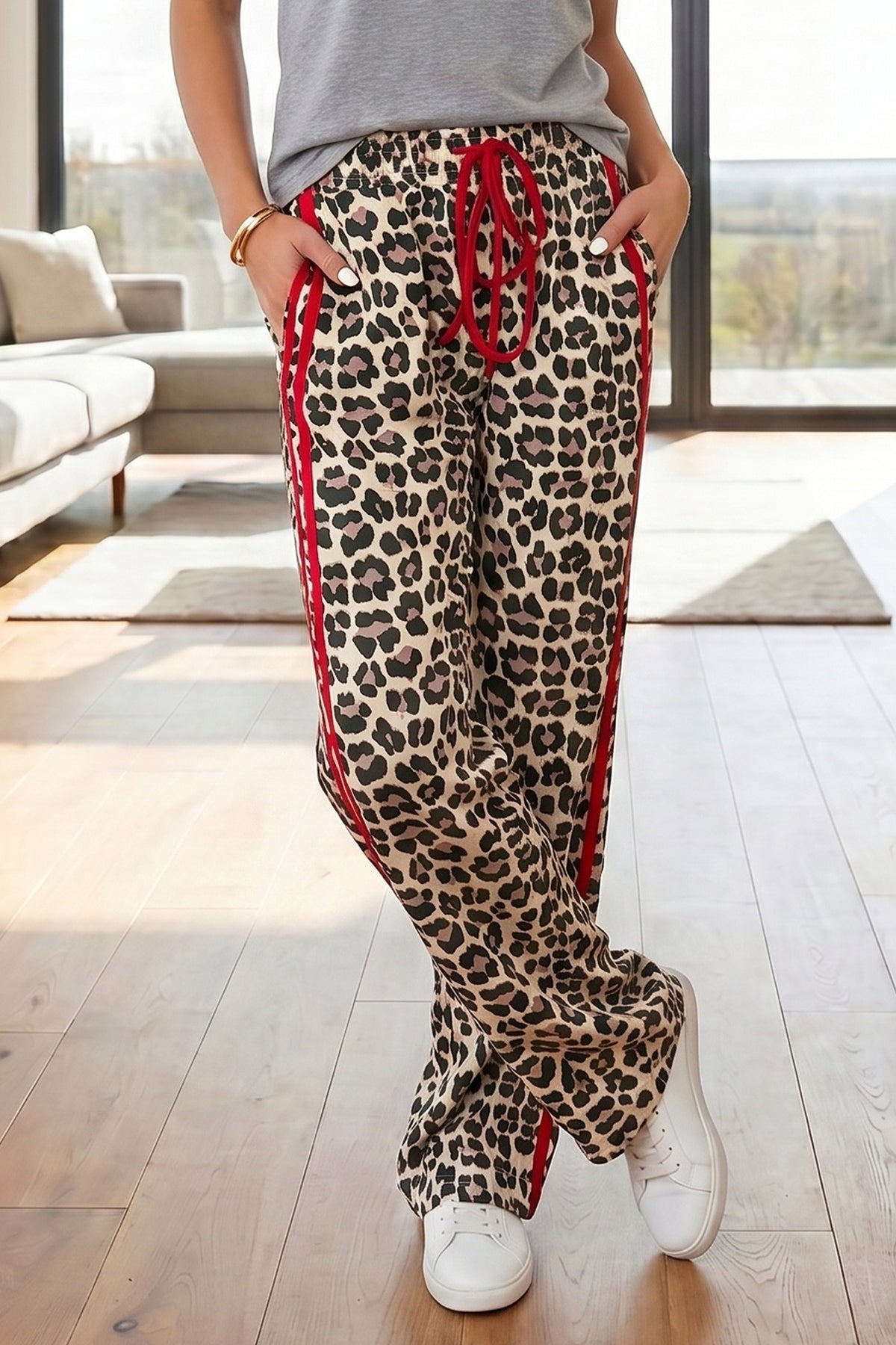 Contrast Detail Tie Waist Leopard Pants