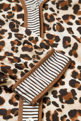 Brown Leopard Print Contrast Striped Long Sleeve Button Mini Dress