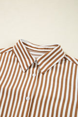Brown Stripe Ruffled Hem Collared Long Sleeve Mini Dress