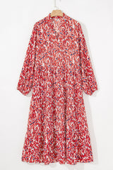 Red Abstract Tiered Fit And Flare Notch V-Neck Maxi Plus Size Dress