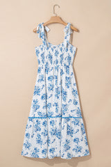 Sky Blue Floral Print Shirred Knot Shoulder Sleeveless Midi Dress