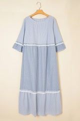 Sky Blue Striped Lace-Detail Plus Size Maxi Dress