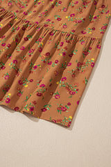 Brown Floral Tiered V-Neck Ruffled Sleeve Plus Size Maxi Dress