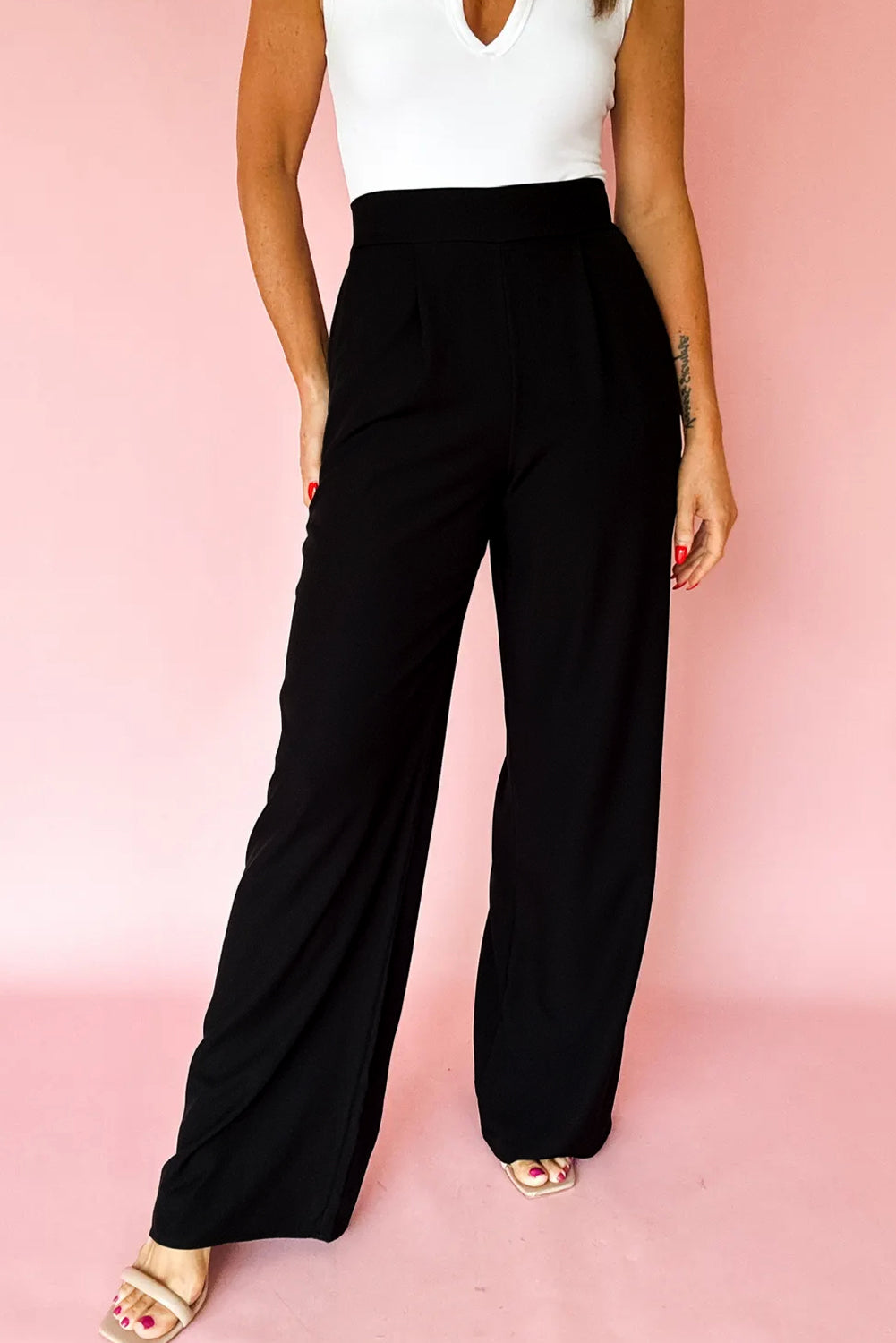 Pleated Pull On High Elastic Waist Loose Straight Pants