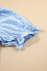 Sky Blue Stripe Bubble Short Sleeve Tiered Scallop Maxi Dress